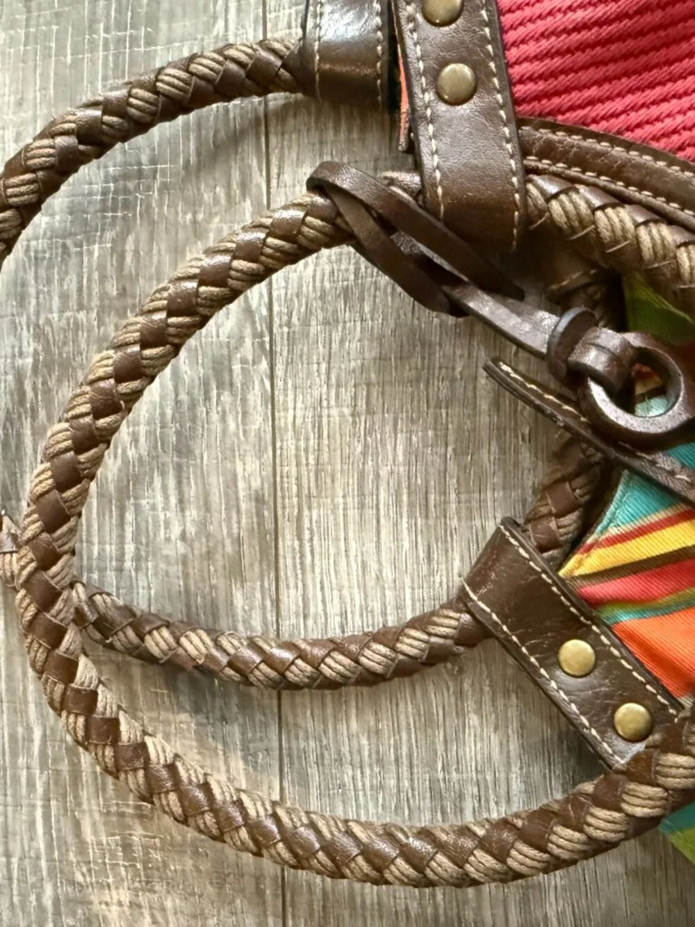 Fossil Textured Canvas Braided Leather Red Brown Hobo Purse